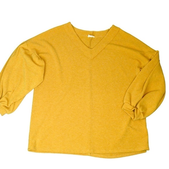 1.4.3. Story Knit French Terry Golden Mustard Balloon Sleeve V Neck Top, Size 3X - Picture 3 of 6